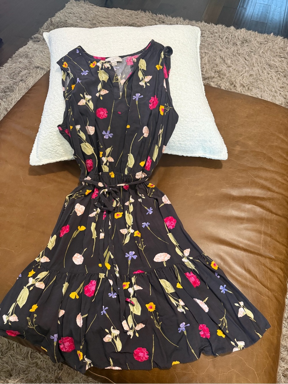 LOFT Black Floral Ruffle-Neck Dress